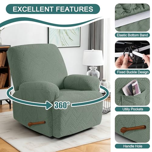 Image of Ruaozz Recliner Sofa Covers Oversized Recliner Chair Covers Recliner Covers for Reclining Chair with Pockets Washable Furniture Protector with Elastic Bottom (1 Seater-X Large, Sage Green)