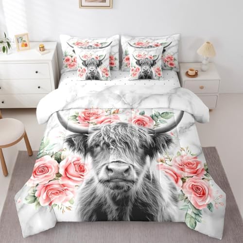 Erosebridal Highland Cow Flower Queen Comforter Set with Sheets 7 Piece Rose Grey Marble Bed in A Bag Western Funny Animal Bedding Sets for Kids Boys,Wildlife Farmhouse Cattle Bed Set