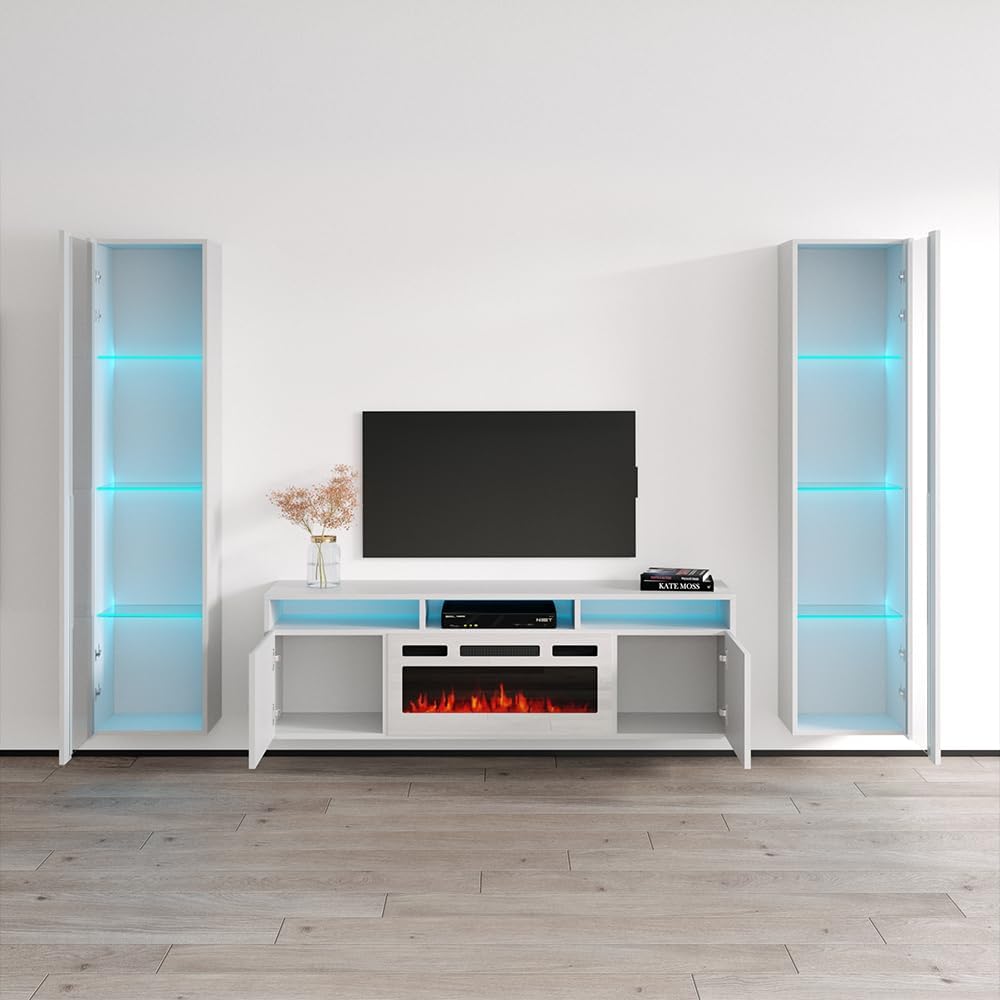 Meble Furniture Giza WH-EF 40 Electric Fireplace TV Stand — Floating Entertainment Center with Multicolor LED Flames — Modern High Gloss Storage, 59.1" W x 15.7" D x 21.7" H — White