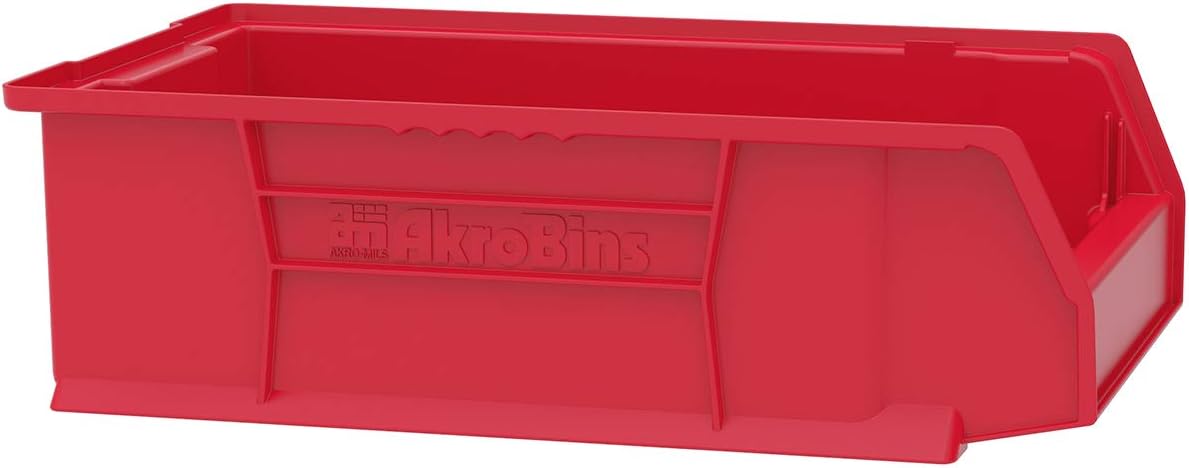 Akro-Mils 30280 Super-Size AkroBins Plastic Storage Bins, Space-Saving Stackable Bins for Garage, Classroom, Warehouse Organization, 20" L x 12" W x 6" H, Red, 4-Pack