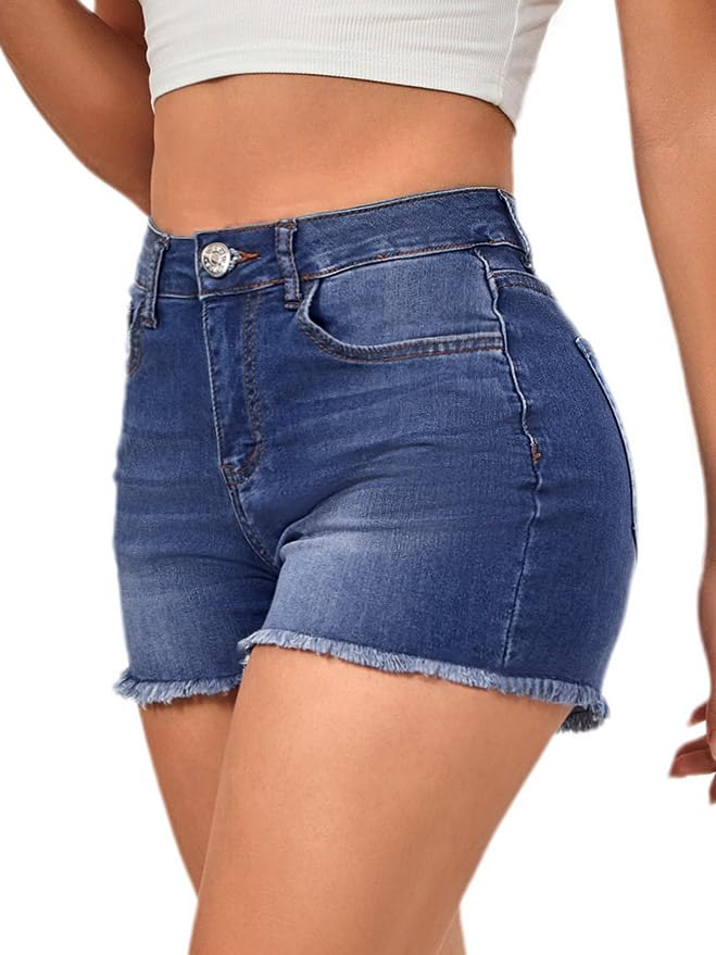 Image of VIPONES Women Mid Rise Jeans Shorts Frayed Raw Hem Summer Stretchy Casual Denim Shorts