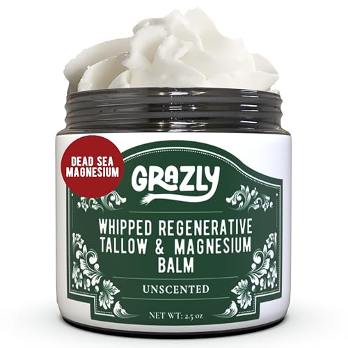 Grazly Whipped Beef Tallow for Skin w/Dead Sea Magnesium Manuka Honey & Jojoba Oil - Grass Fed Beef Tallow Balm - Body & Face Moisturizer for Dry Sensitive Skin - Unscented - 2.5oz