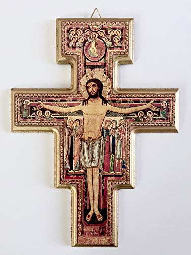 10' San Damiano, St. Francis of Assisi Gold Trim Tau Crucifix Wall Cross Imported from Italy - with 5x7 Prayer Card