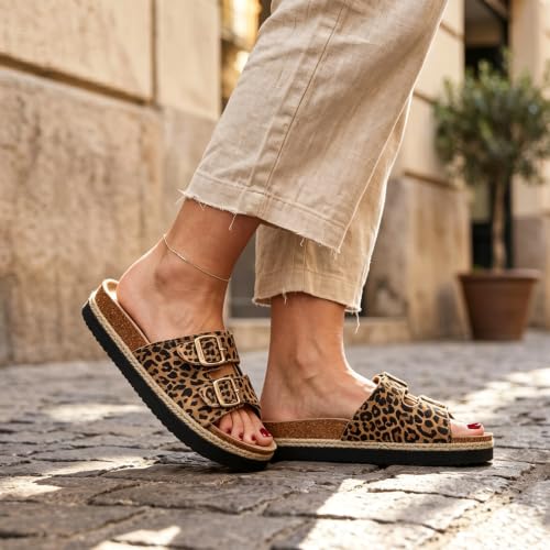 Image of PepStep Slide Sandals for Women with Soft Cork Footbed and Strap, Ladies Fashion Platform Slide Sandals Comfortable Slip On Style