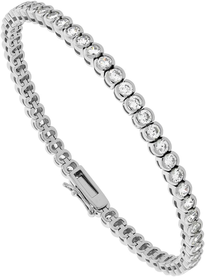 Sterling Silver CZ Half Bezel 5mm Tennis Bracelet for Women Rhodium Finish 7.5 inch long