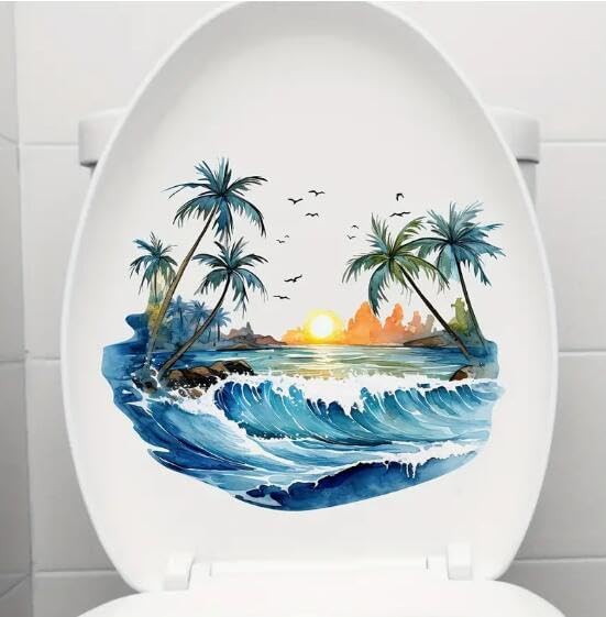 Summer Vibes Coconut Tree Sunset Toilet Cover Sticker Decals Waterproof Toilet Lid Tank Seat Decals Cistern Self-Adhesive Bathroom Wall Sticker