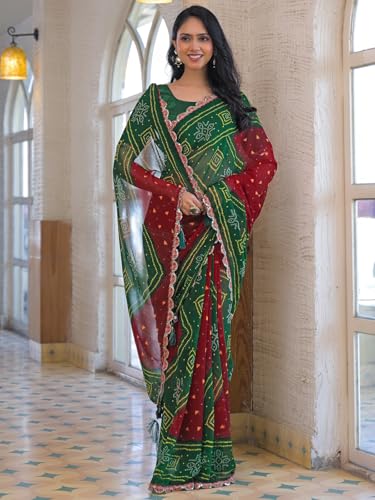 Image of SIRIL Women's Bandhani Printed Embroidery Georgette Saree with Unstitched Blouse Piece