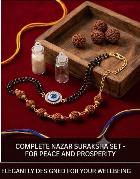 Image of Designer Set for Brother with Analog Wrist Watch, Matching, Rudraksha Evil Eye Rakhi, Roli Chawal & Gift Box | Raksha Bandhan Gift Hamper