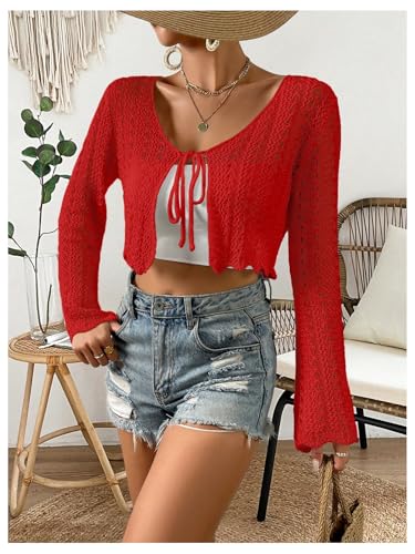 Image of Verdusa Women's Tie Front Crop Cardigan Bell Long Sleeve Scalloped Lightweight Knit Tops Summer Beach Cover Up