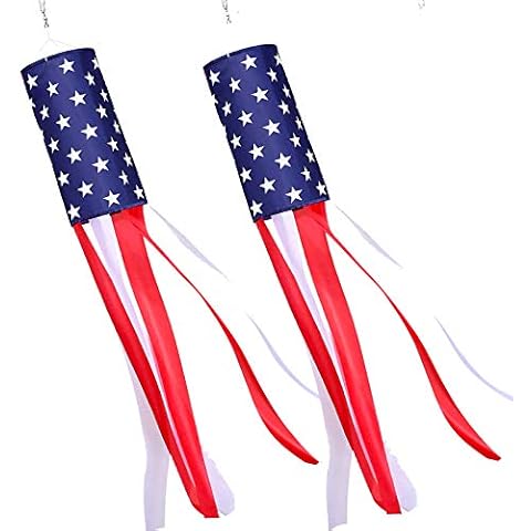 Evealyn American Flag Windsock 35in 2 Pcs, 4th of July Patriotic Hanging Flag Windsock with Hook,Stars and Stripes for Independence Day Memorial Day Outdoor Yard Patio Garden Decoration Cover