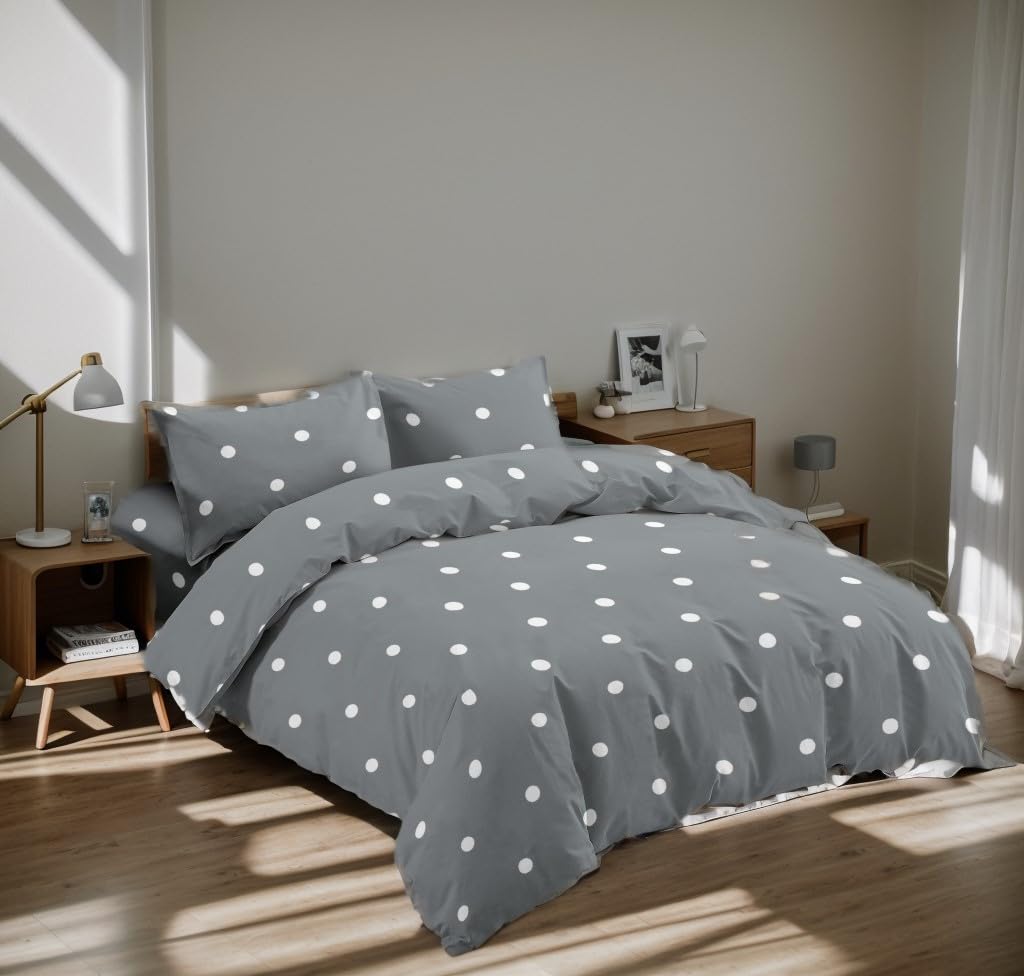Juego de Funda Nórdica 3 Piezas Cama 90 Microfibra Extra Suave Transpirable - 1 Funda Edredón 150x220 cm, 1 Bajera 90x200+28 cm y 1 Funda Almohada 50x110 cm (Punto Blanco)