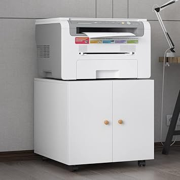 White Printer Stand with Storage, Mobile Metal Printer Table for Small Spaces with Doors & Adjustable Shelf, Office Furniture File Cabinet with Locking Wheels, Rolling Printer Cart for Home Office