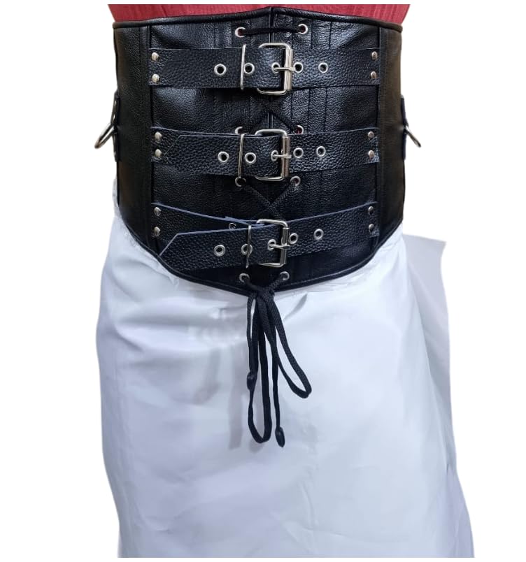 Men’s Real Black Leather Corset Cincher – Heavy Duty Steel Boned Waist Trainer Belt with Buckles & D-Rings (MCOR1)4