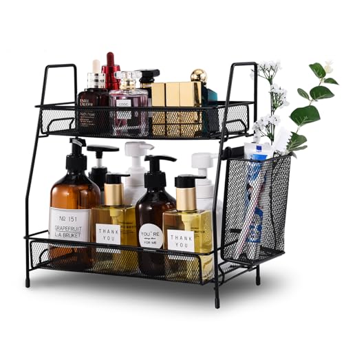 LEMIKKLE 2-Tier Bathroom Countertop Organizer,Skincare, Makeup Countertop Organizers, Kitchen, Bathroom Counter Storage with Small Basket (Black)