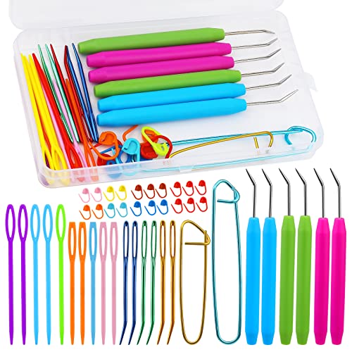 FTEVEN 45 Pieces Knitting Loom Hooks Set Colorful Large Eye Bent Tapestry Needles Plastic Large Eye Needles Knitting Loom Needles with Knitting Needle Markings for DIY Handicrafts