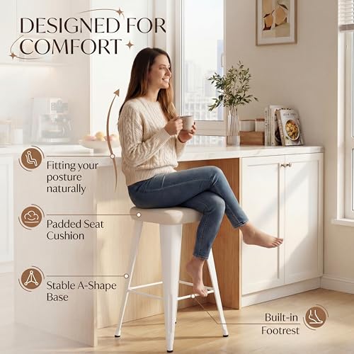 Image of Yongchuang Backless Bar Stools Set of 4, 24 inch Farmhouse PU Leather Barstools | Upholstered Counter Height Stools with Metal Legs, Modern Rustic Kitchen Island Dining Counter Stools Off-White