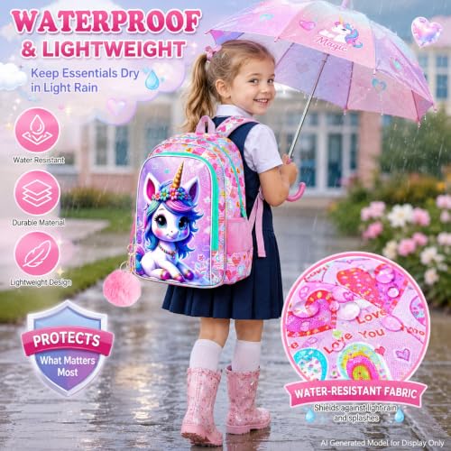 Image of CCJPX 16 inch Unicorn Backpack for Girls, 3Pcs Kids Bookbag with Lunch Box, Water Resistant Elementary School Bag for Kindergarten Preschool Toddler (Pink)