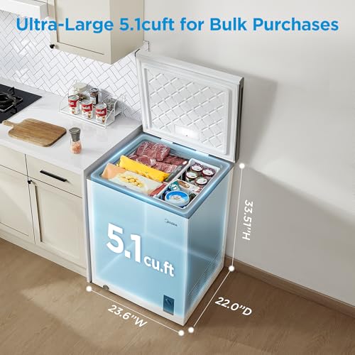 Midea MERC05C4BAWW Chest Freezer, 5.1 Cubic Feet Freezer With Removable Basket, Interior LED Light, Adjustable Temperature, For Kitchen Apartment Office, White