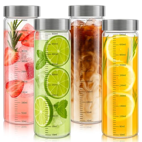 Acsatont Glasflaschen 500ml mit Edelstahl Deckel, 4 Stück Glasflaschen mit Messskala, Smoothie Flasche Wiederverwendbare für Säfte, Milch, Nudeln, Mehl, BPA-frei (500ML)