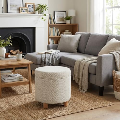 Image of HomePop 19 inch Round Storage Ottoman - Cream Chevron Woven