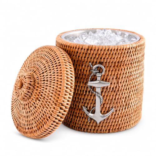 Vagabond House Rattan Lidded Ice Bucket with Pewter Anchor, Coastal Elegance, Double-Walled Insulation, Ideal for Entertaining, 8" Tall x 7" Diameter