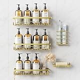 Deyhoc 5 Stück Duschablage Ohne Bohren Edelstahl, Badezimmer Organizer Regal Zubehör, Seifen Zahnbürstenhalter Set, Bad Regal,Bathroom Schnell Trocknende Duschhalterung, Duschkorb Ohne Bohren, Golden
