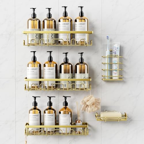 Deyhoc 5 Stück Duschablage Ohne Bohren Edelstahl, Badezimmer Organizer Regal Zubehör, Seifen Zahnbürstenhalter Set, Bad Regal,Bathroom Schnell Trocknende Duschhalterung, Duschkorb Ohne Bohren, Golden