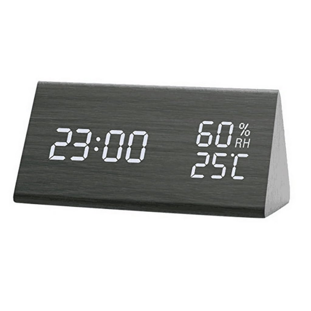 KLPODAU Wooden Digital Alarm Clock Humidity LED Triangle Electronic