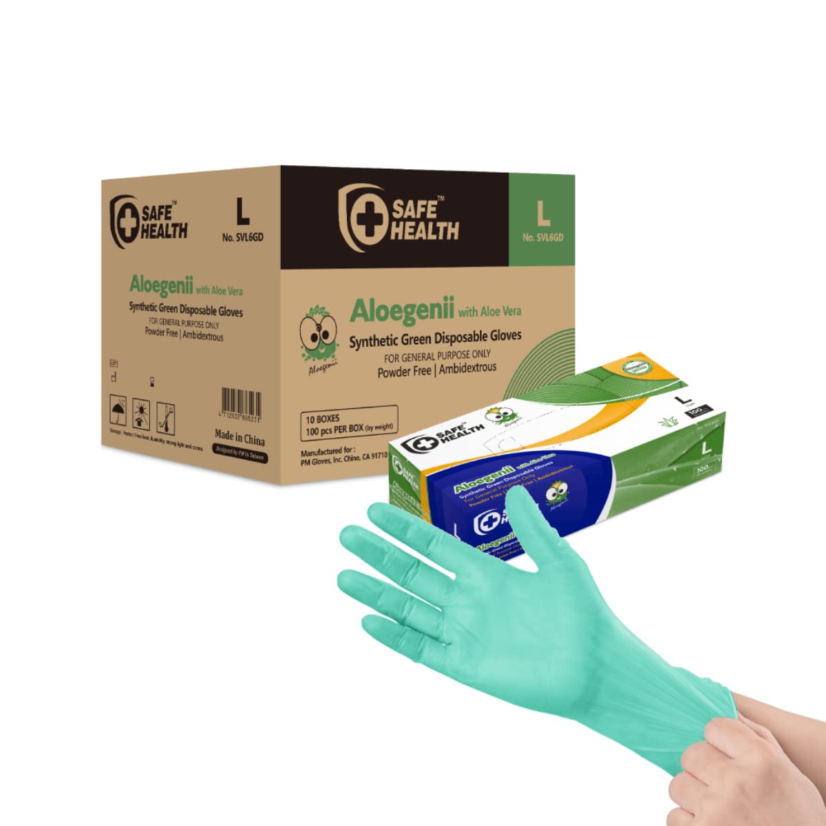 Safe Health Aloegenii HD Green Vinyl Disposable Gloves, Aloe Vera Coated, 5.5 mil, Case of 1000, Large, Latex Free, Powder Free, Cleaning, Food