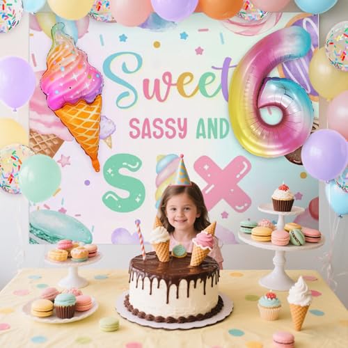 Image of Sweet Sassy and Six Birthday Decorations for 6 Year Old Girl Birthday Party Decor Ice Cream Donut Backdrop Balloons Macaron Baby Shower Party Supplies
