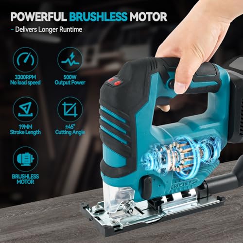 Cordless Jigsaw for Makita 18V, 500W Brushless Electric Orbital Jigsaw with Led Light, ±45° Bevel Cutting Angle, 9Pcs T-Shank Blades, 19 mm Stroke for Wood Plastic Metal (No Battery) 4 Cordless Jigsaw for Makita 18V, 500W Brushless Electric Orbital Jigsaw with Led Light, ±45° Bevel Cutting Angle, 9Pcs T-Shank Blades, 19 mm Stroke for Wood Plastic Metal (No Battery) - Image 4