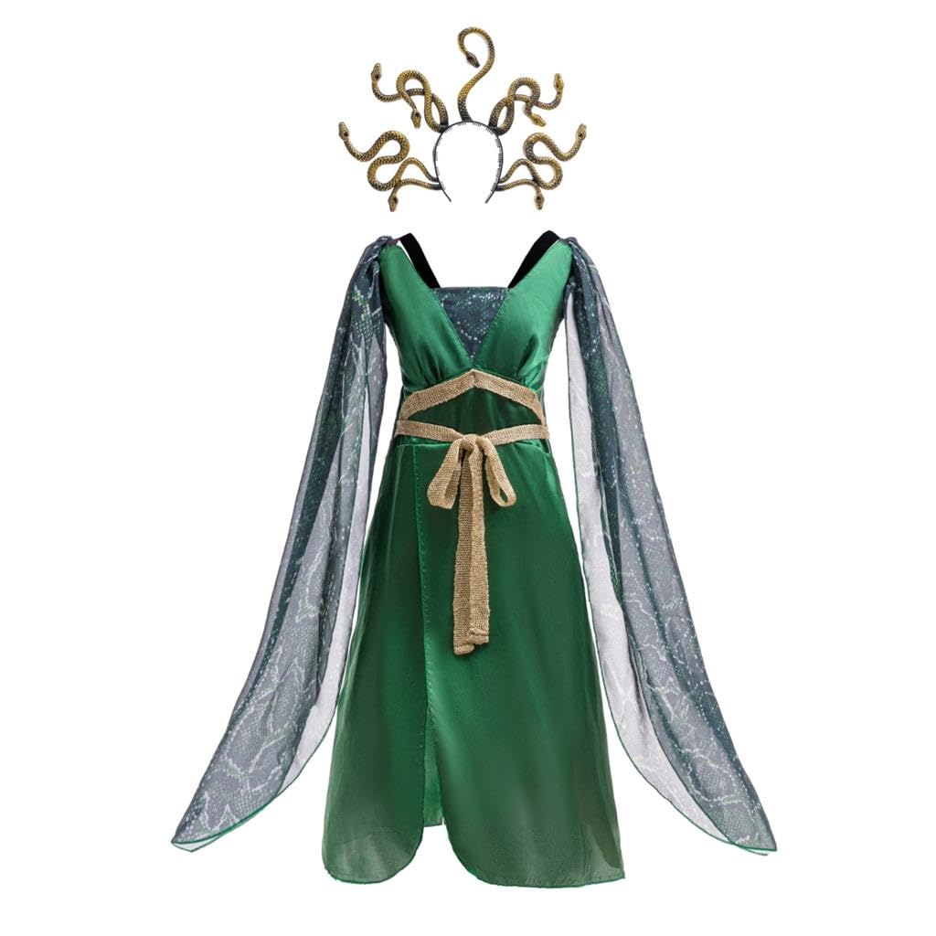 Lito Angels Medusa Fancy Dress Up Halloween Costume with Gold Snakes Headband for Kids Girls Age 5-6 Years, Green