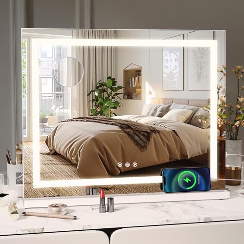 eklipt Hollywood Schminkspiegel mit Beleuchtung, 58 X 46cm Großer Kosmetikspiegel mit 3 Farbbeleuchtungsmodi, Touch Schalter, Vanity Spiegel mit Licht Weiß