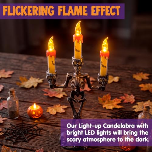 Image of JOYIN 2 Pcs Halloween Skeleton Candelabra Decorations, Light Up Haunted Candelabra Decor with LED Flameless Candles, Skull Candles Holder Flickering Glow Tabletop Decor for Indoor Haunted House