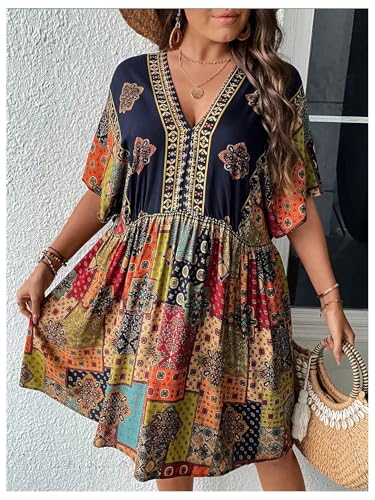 MakeMeChic Women's Plus Size Boho Dress Half Sleeve Flowy Sundress V Neck Summer Short Dresses3