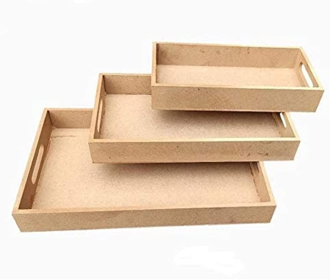 INDIAN ARTISANS MDF Tray for Craft Set of 3 | Unfinished MDF Tray Plain for Decoupage | MDF Trays for Art and Craft | 14x10 12x8 10x6 inch (7 mm Side 5 mm Base)