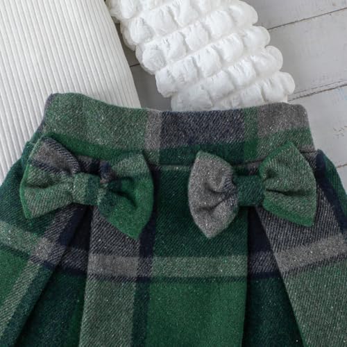 Image of Noubeau Toddler Girls Plaid Outfits Girls Puff Sleeve Knit Ribbed Shirt Tops Plaid Skirt Set Kids Fall Winter Clothes