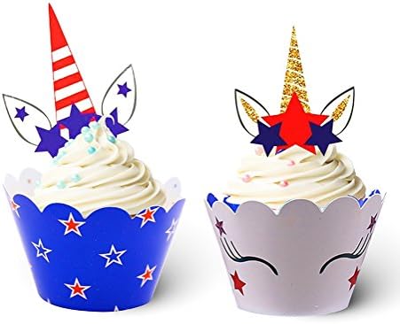 24 Pack Unicorn Cupcake Toppers Wrappers for Birthday Party Supplies, Unicorn Horn Cake Decoration for Kids Party, Baby Shower