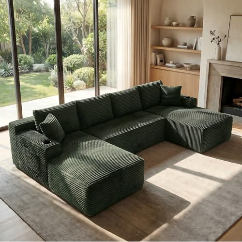 Image of 125 inch Oversized Cloud Boneless Couch with Chaise, Modern Modular Sofa with Deep Seat, Corduroy Upholstered U Shaped Couch for Living Room, No Assembly Required (Green)