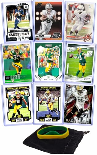 Green Bay Packers Cards: Jordan Love, Josh Jacobs, Jayden Reed, Ahman Green, Brett Favre, Aaron Rodgers, Christian Watson, Edgerrin Cooper, Romeo Doubs ASSORTED Football Stars & GOATs Trading Card & Wristbands Gift Pack