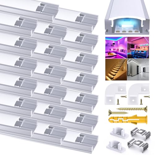 Profilé Aluminium Led Chesbung, Canal aluminium Led en pour Bandes à Led, Profil Led avec Couvercle Blanc Crème, Canal Led et Diffuseur LED avec Embouts, Clips de Montage en Métal (1m-u-20pcs)