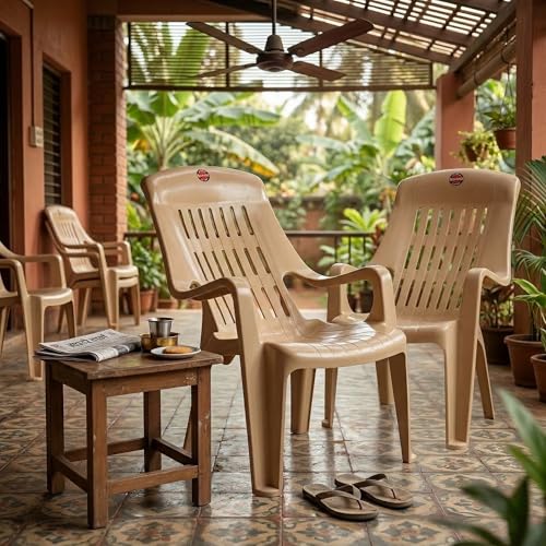 Image of Oaknest Unboxing Furniture Celloo Premium Plastic Relaxing Chair with Armrests | Ergonomic High-Back Lounge Seating for Home, Garden & Balcony (Marble Beige), Count of 2