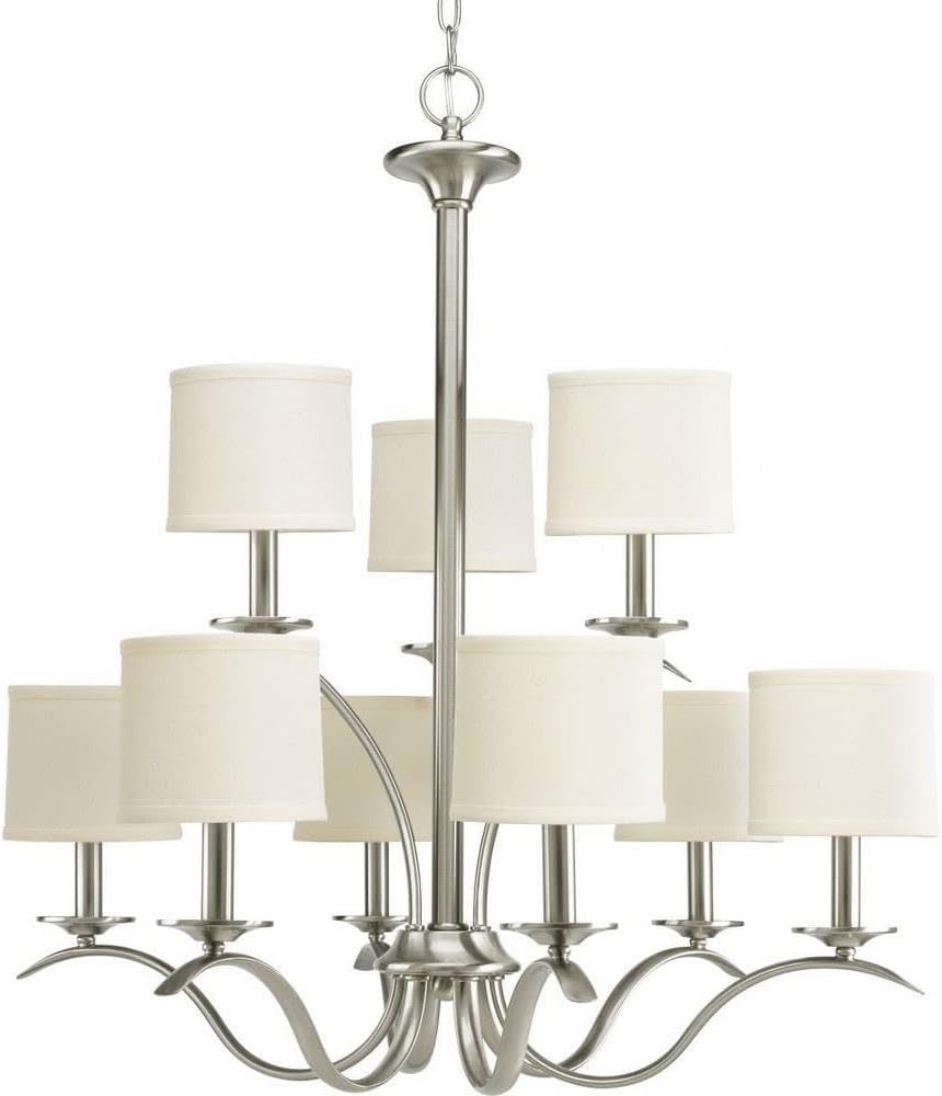 Progress Lighting Inspire Collection 9-Light Chandelier in Brushed Nickel with off-white linen shades