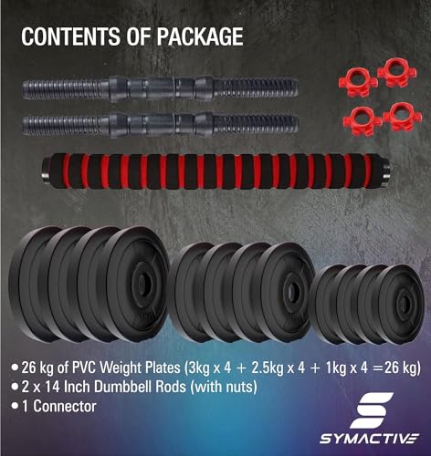 Image of Amazon Brand - Symactive PVC 26 Kg 3-in-1 Convertible Dumbbells Fitness Kit | (1 Kg x 4 + 2.5 Kg x 4 + 3 Kg x 4 PVC Weight, 14'' Dumbbell Rods Pair & Nuts, 1 Cushioned Connector Rod) | Multicolor