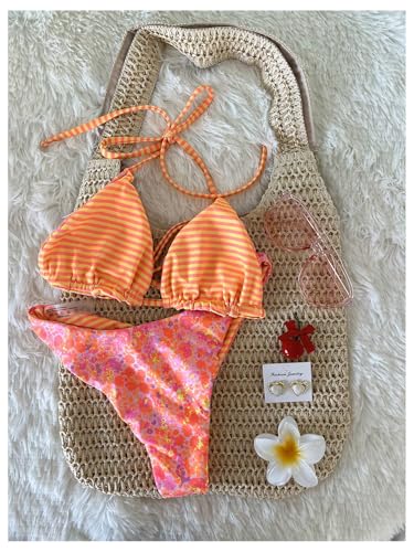 Ensembles de bikini rayés à fleurs avec taille-haut et dos nu espiègle pour femmes