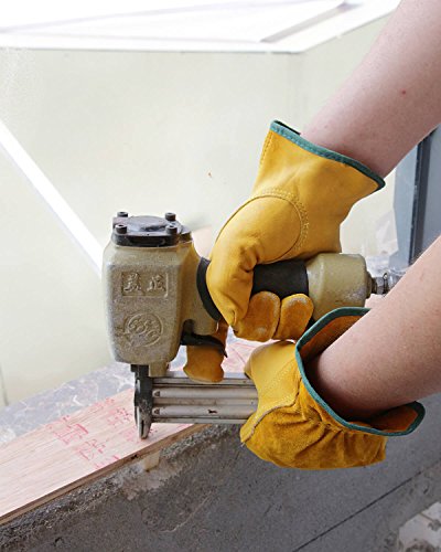 OZERO Leather Work Gloves Flex Grip Tough Cowhide Gardening Glove for Wood Cutting/Construction/Truck Driving/Garden/Yard Working for Men and Women 1 Pair (Gold,Medium)