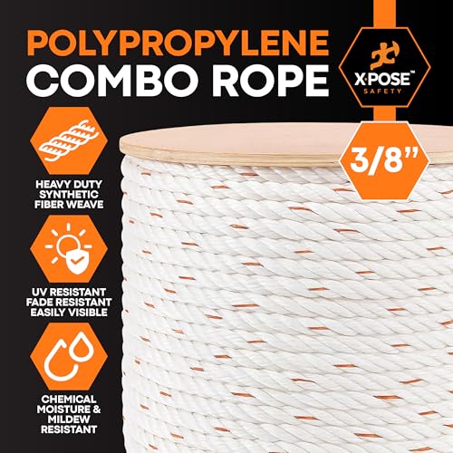 Image of Xpose Safety 3-Strand Twisted Poly-DAC (Poly Dacron) Combo Rope - 3 /8 inch x 1200′ - Heavy-Duty UV-Coated Safety Line for Commercial, Arborist, Marine, Towing, DIY Projects, Construction,Weather-Resistant