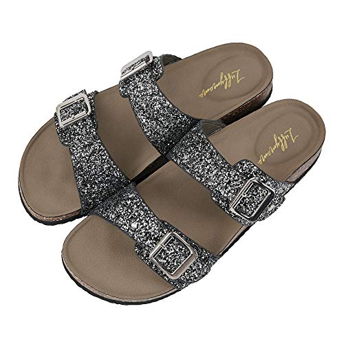 Luffymomo Womens Slide Sole Sandals Cork Footbed Adjustable Stap Buckle Sandals(6 M US GLITTER)