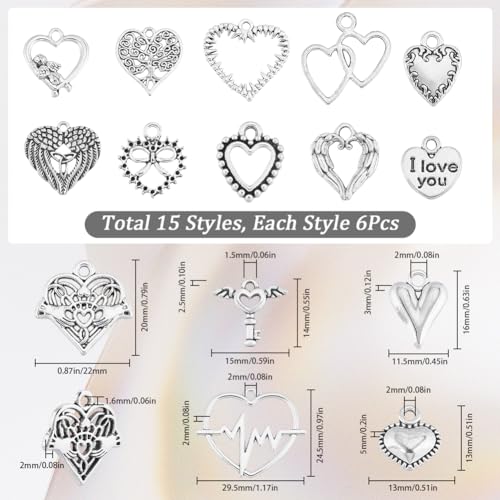 SUNNYCLUE 1 Box 90Pcs 15 Styles Valentines Day Heart Charms Bulk Love Charms Heart Charm Hearts Shape Charm Tibetan Style Alloy Love Sweet for jewellery Making DIY Craft Wedding Gift - Image 2