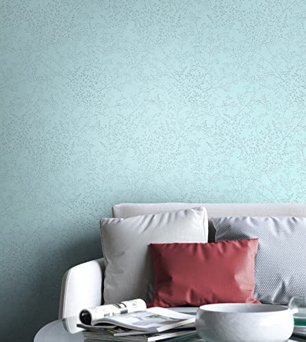 Newroom Tapete Blau Vliestapete Äste - Ästetapete Floral Türkis Babyblau Blätter Blumen Blumentapete Romantisch Rosentapete Vintage inkl. Tapezier-Ratgeber